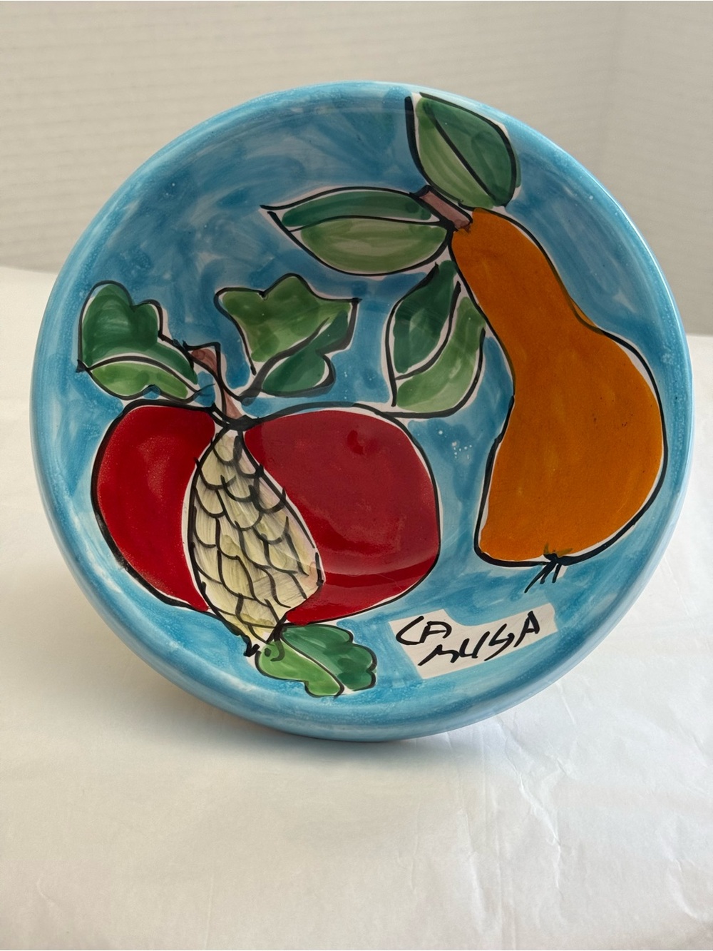 Italian Hand-Painted Ceramic Bowl by La Musa with Vibrant Apple and Pear Design